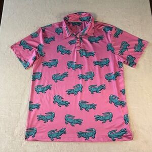 Uideazone Mens XL Pink Teal Alligator Print Performance Golf Polo Shirt